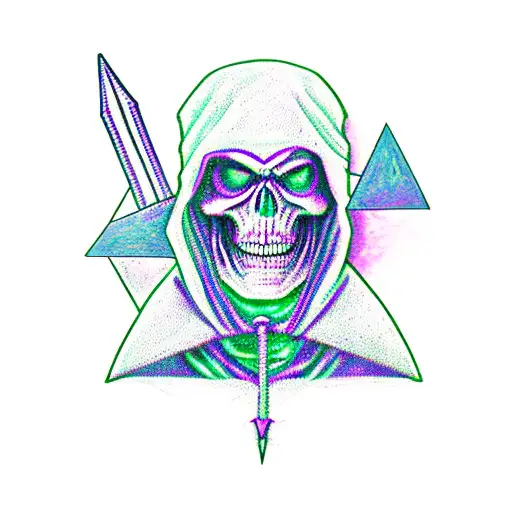 Purple Skeletor in a hood, triangle shaped, with leaves and a sword behind tattoo design idea