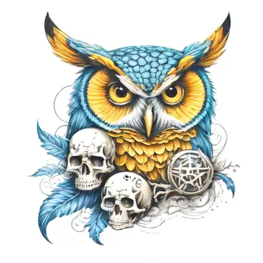 owl, two skulls & all seeing eye tattoo design idea