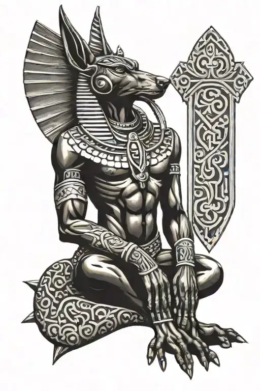 anubis holding egyptian cross tattoo design idea