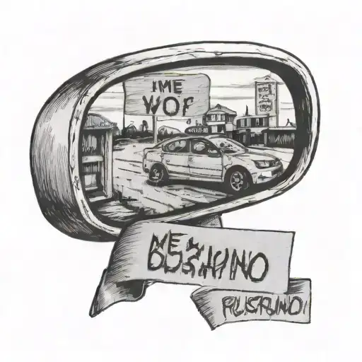 a car rearview mirror, reflecting Venezuela and a post it that says "me voy buscando un futuro mejor" tattoo design idea