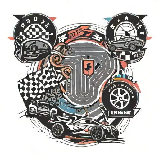 A stylized F1 track winding around the client's arm, with pit stops and race flags scattered throughout, showcasing their passion for F1 tattoo design idea