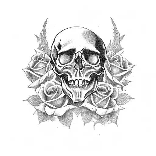skull with tombstone and roses  tattoo design idea