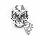 skull with tombstone and roses  tattoo design idea