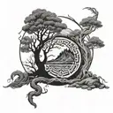 Norse mythology world tree surrounded by world serpent tattoo design idea