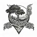 Norse mythology world tree surrounded by world serpent tattoo design idea