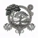 Norse mythology world tree surrounded by world serpent tattoo design idea