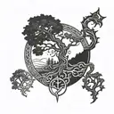 Norse mythology world tree surrounded by world serpent tattoo design idea