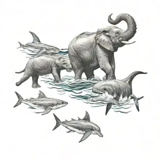 Elephant, White Shark, Seal, in a group tattoo design tattoo design idea