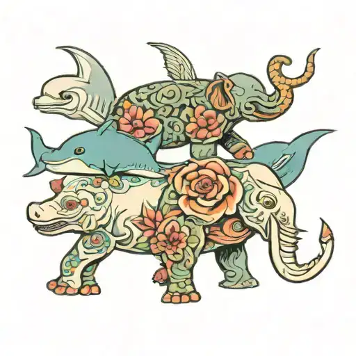 Elephant, White Shark, Seal, in a group, color tatoo tattoo design idea