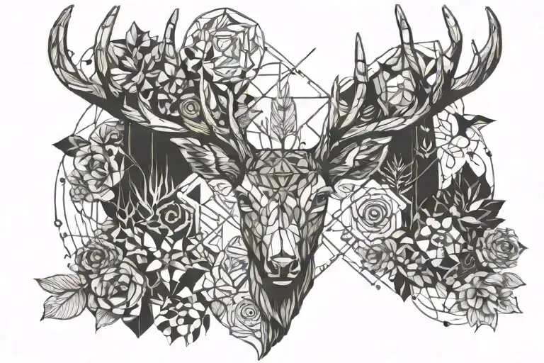 deer with antlers and geometric and nature objects around it tattoo design idea