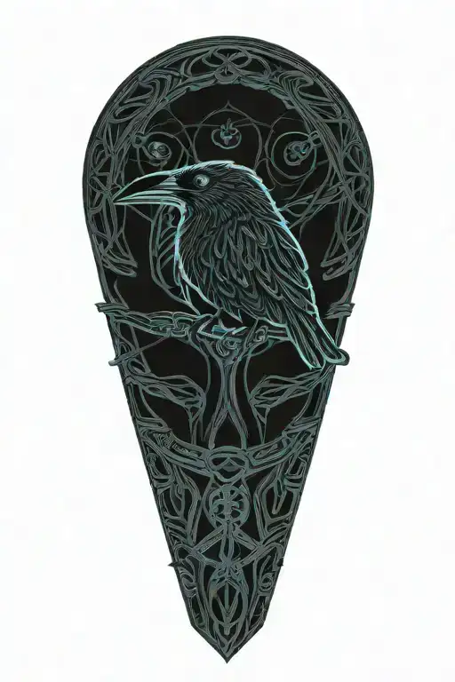 rustic Celtic dara knot with a raven intertwined with celtic patterns with the raven  all black with dark blue eye  tattoo design idea