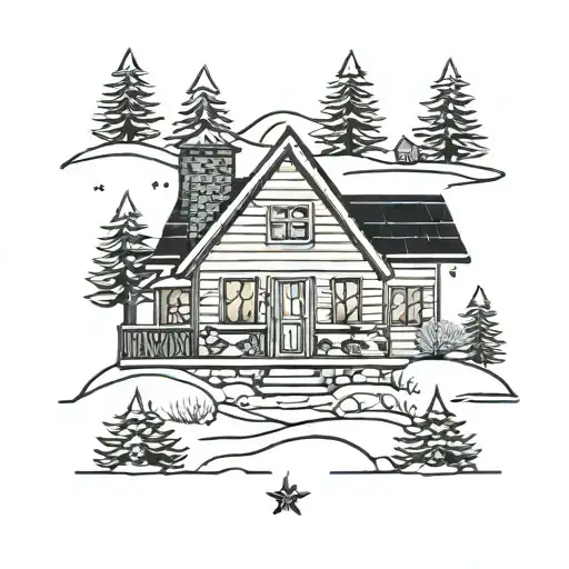 cartoon modern 80's farmhouse, river, snow, christmas tree, snowing  tattoo design idea