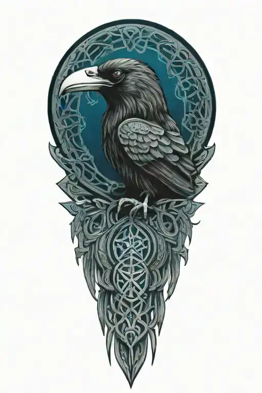Celtic dara knot with a raven intertwined with celtic patterns with the raven  all black with dark blue eye tattoo design idea