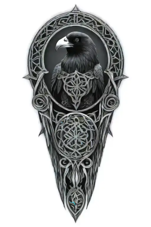 Celtic dara knot with a injured  raven intertwined with celtic patterns with the raven  tattoo design idea