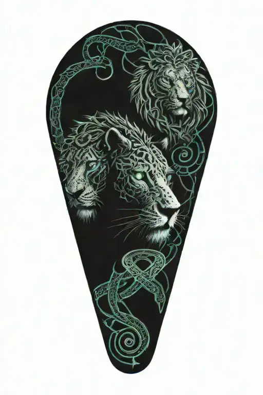 Celtic dara knot with a injured lion intertwined with celtic patterns and raged with painful eyes and a large dara knot  tattoo design idea