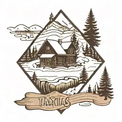 Log cabin, river, snow, christmas tree, snowing in a hand drawn black and white tattoo design idea