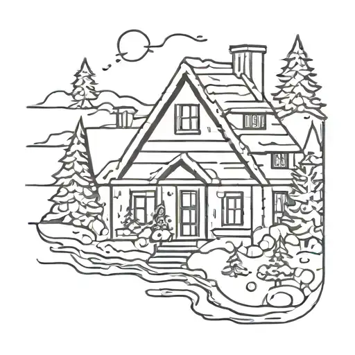 cartoon modern 80's farmhouse, river, snow, christmas tree, snowing  tattoo design idea