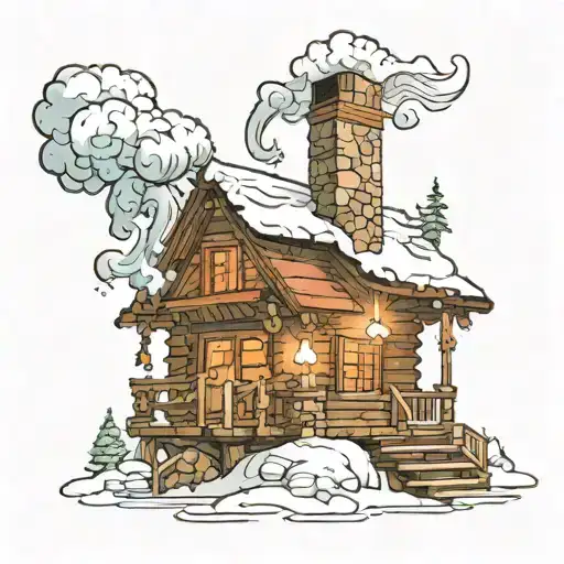 Log cabin, river, snow, christmas tree, and smoke in the chimney, snowing in a cartoon sketch spreadout view tattoo design idea