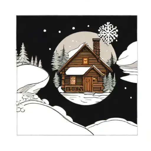 Log cabin, river, snow, christmas tree, snowing in a hand drawn black and white tattoo design idea