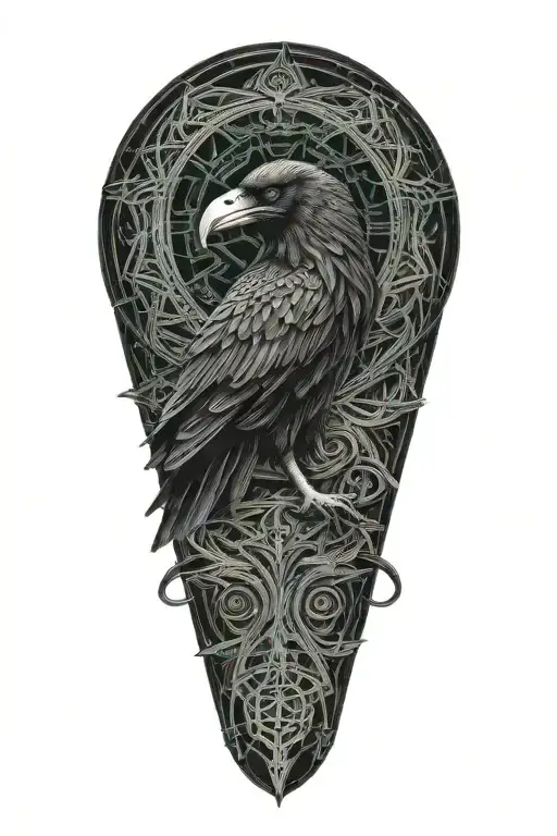 Celtic raven intertwined with celtic patterns and warrior worned raven tattoo design idea