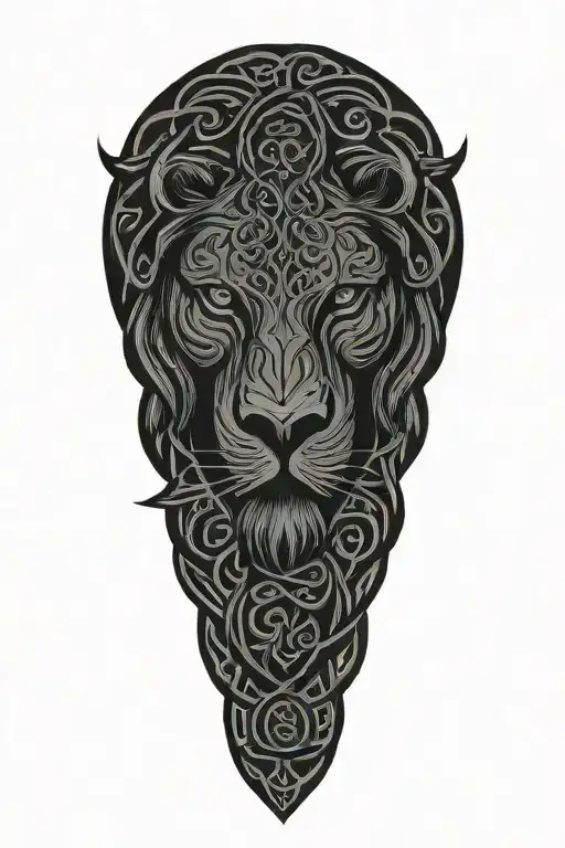 Celtic dara knot with a injured lion intertwined with celtic patterns and raged with painful eyes and a large dara knot  tattoo design idea