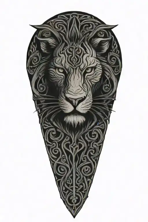 Celtic dara knot with a injured lion intertwined with celtic patterns and raged with painful eyes and a large dara knot  tattoo design idea