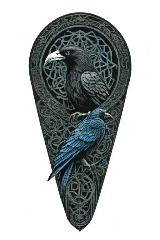 Celtic dara knot with a raven intertwined with celtic patterns with the raven  all black with dark blue eye accent tattoo design idea