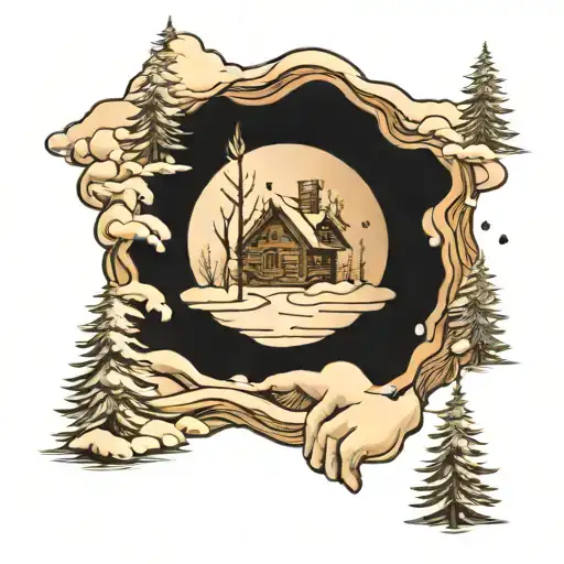 hand drawn  Log cabin, river, snow, christmas tree, snowing  tattoo design idea