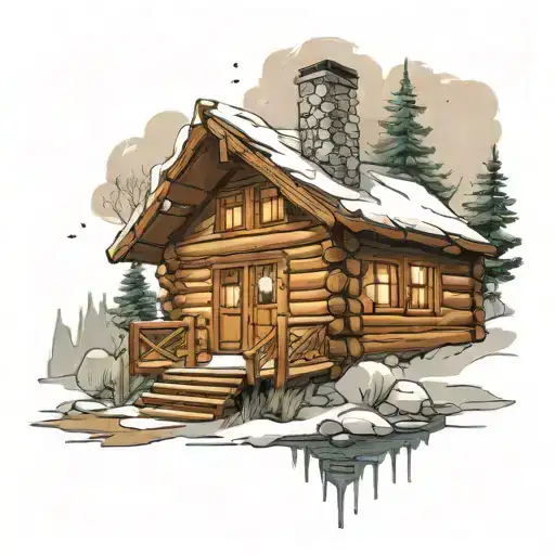 Log cabin with a river, snow, christmas tree, and smoke in the chimney, snowing in a cartoon sketch spreadout view tattoo design idea