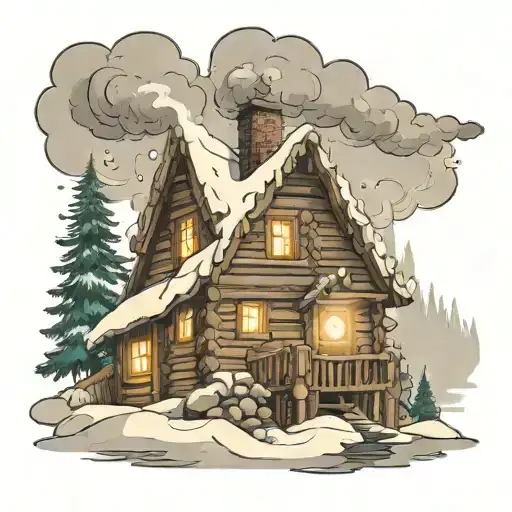 Log cabin, river, snow, christmas tree, and smoke in the chimney, snowing in a cartoon sketch spreadout view tattoo design idea