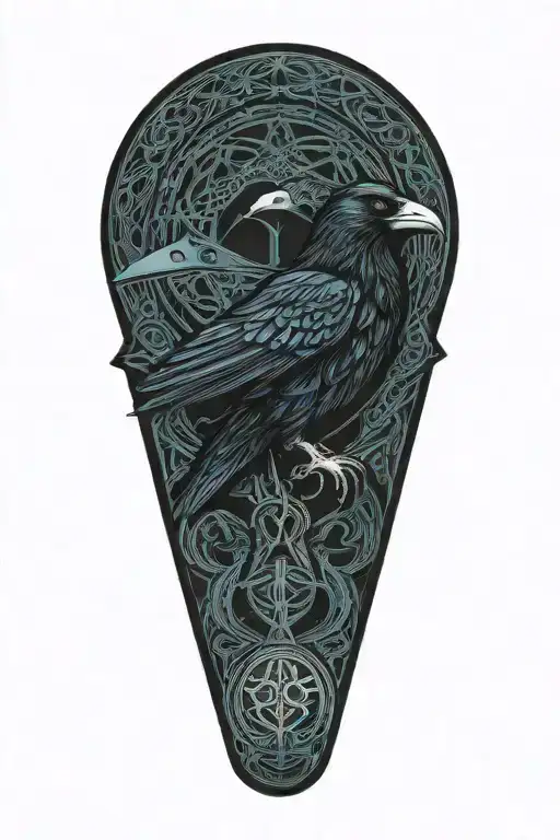 Celtic dara knot with a raven intertwined with celtic patterns with the raven  all black with dark blue eye accent tattoo design idea