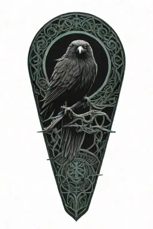 old warrior Celtic dara knot with a raven intertwined with celtic patterns and the raven screeching tattoo design idea
