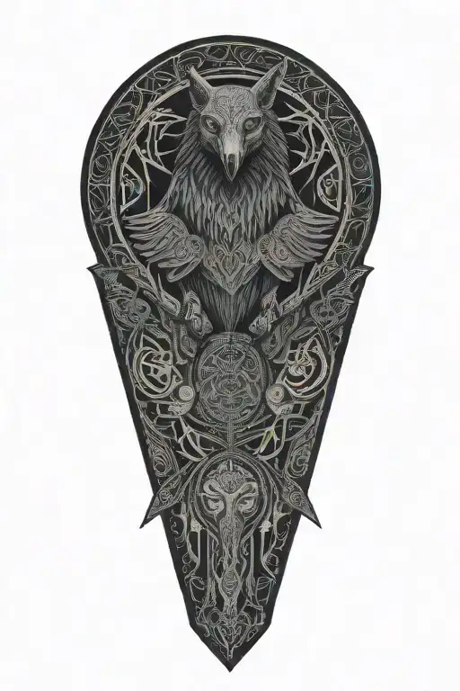 Celtic raven and wolf intertwined with celtic patterns and battle scarred tattoo design idea