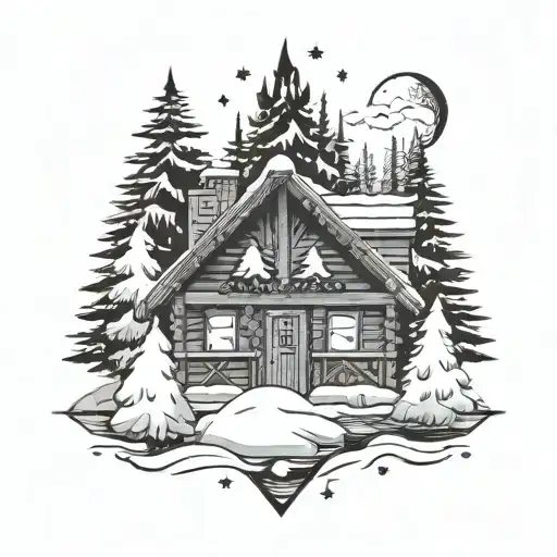 Log cabin, river, snow, christmas tree, snowing in a hand drawn black and white tattoo design idea