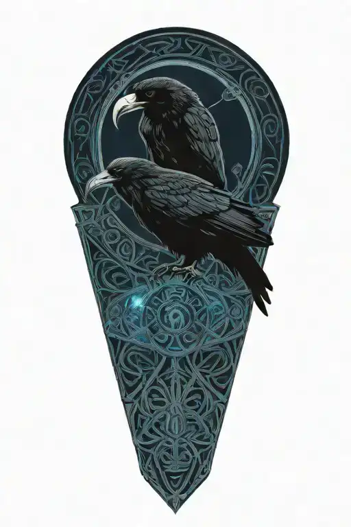 old Celtic dara knot with a raven intertwined with celtic patterns with the raven  all black with dark blue eye  tattoo design idea