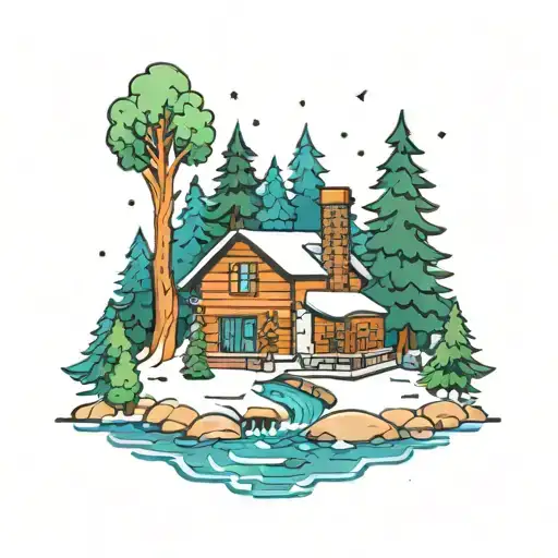 cartoon modern 80's farmhouse, river, snow, christmas tree, snowing  tattoo design idea