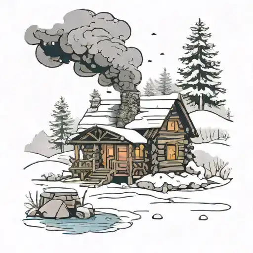 Log cabin with a river, snow, christmas tree, and smoke in the chimney, snowing in a cartoon sketch with a landscape  tattoo design idea