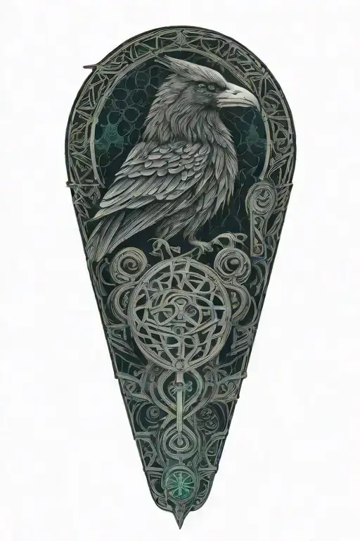 Celtic raven and wolf  with celtic patterns and axe and battle scarred tattoo design idea