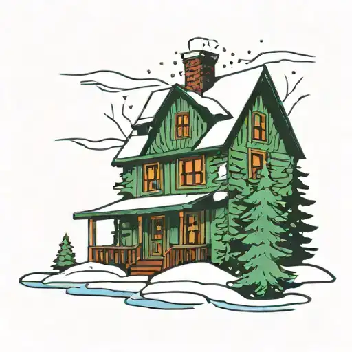 cartoon modern 80's farmhouse, river, snow, christmas tree, snowing  tattoo design idea