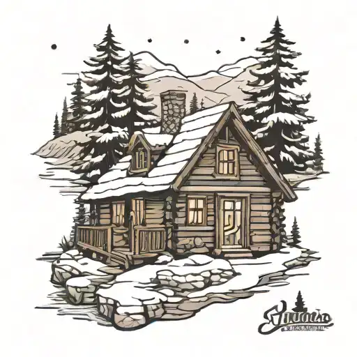 Log cabin, river, snow, christmas tree, snowing in a hand drawn black and white tattoo design idea