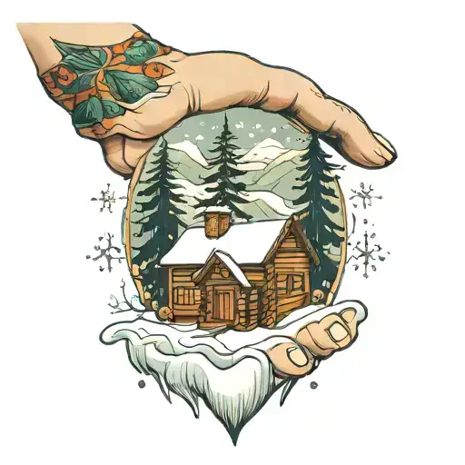 Log cabin, river, snow, christmas tree, snowing in a hand drawn  tattoo design idea