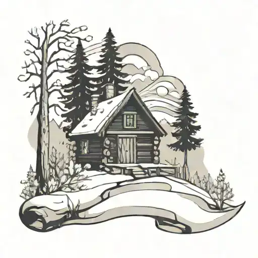 Log cabin, river, snow, christmas tree, snowing in a hand drawn black and white tattoo design idea