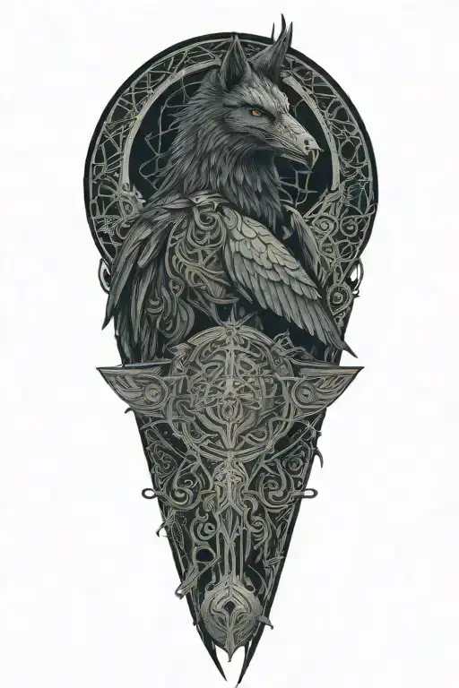 Celtic raven and wolf  with celtic patterns and axe and battle scarred tattoo design idea