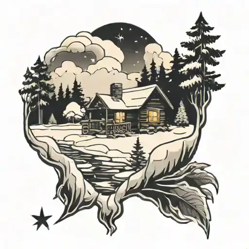 Log cabin, river, snow, christmas tree, snowing in a hand drawn black and white tattoo design idea
