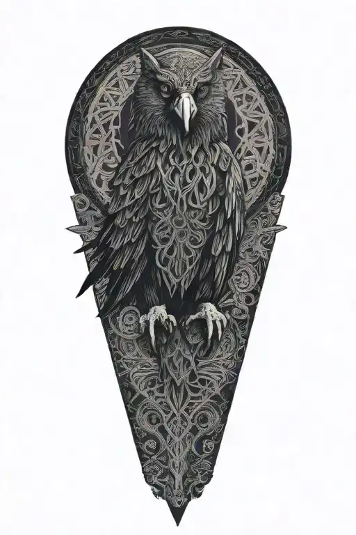 Celtic raven with wolf watching under the raven with celtic patterns, dara knot tattoo design idea