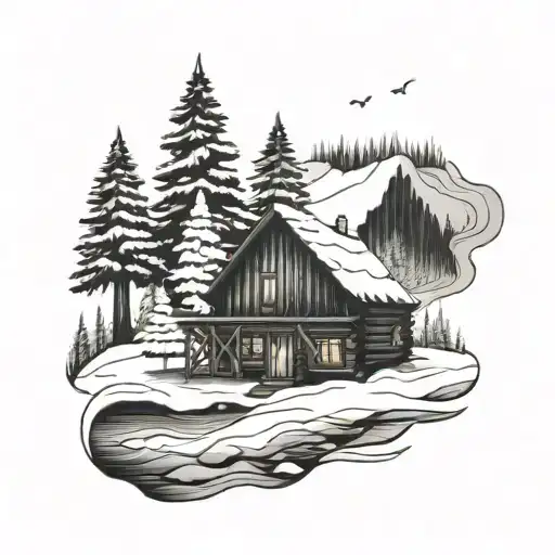 Log cabin, river, snow, christmas tree, snowing in a hand drawn black and white tattoo design idea