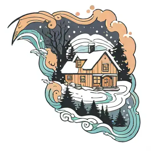 cartoon modern 80's farmhouse, river, snow, christmas tree, snowing  tattoo design idea