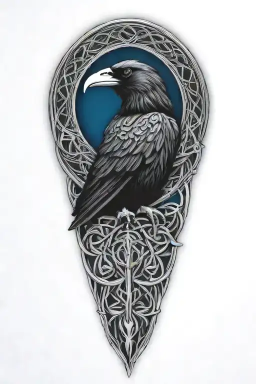 Celtic dara knot with a raven intertwined with celtic patterns with the raven  all black with dark blue eye accent tattoo design idea