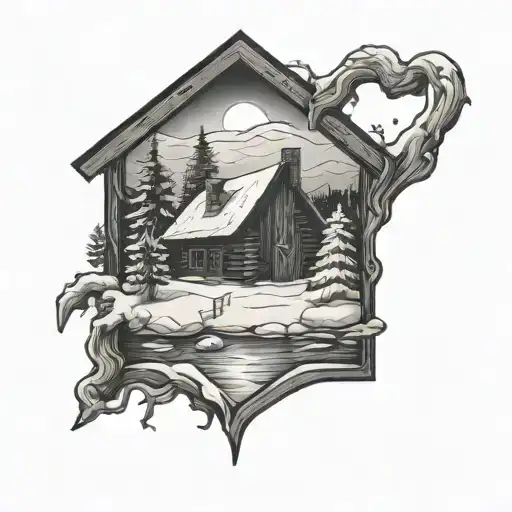Log cabin, river, snow, christmas tree, snowing in a hand drawn black and white tattoo design idea