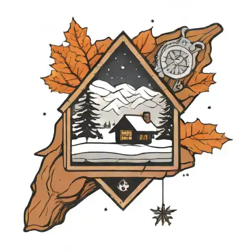 Log cabin, river, snow, christmas tree, snowing in a hand drawn black and white tattoo design idea
